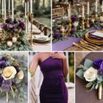 A photo collage with purple and sage green wedding color ideas.