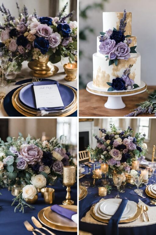 A photo collage with lavender, navy, and gold wedding color ideas.