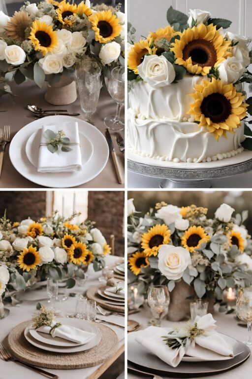 A photo collage with white and beige wedding color ideas.