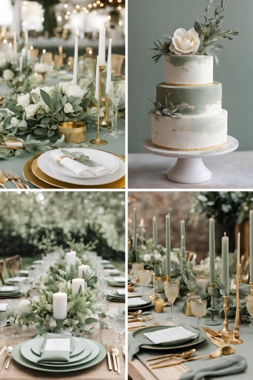 A photo collage with sage green and gold wedding color ideas.