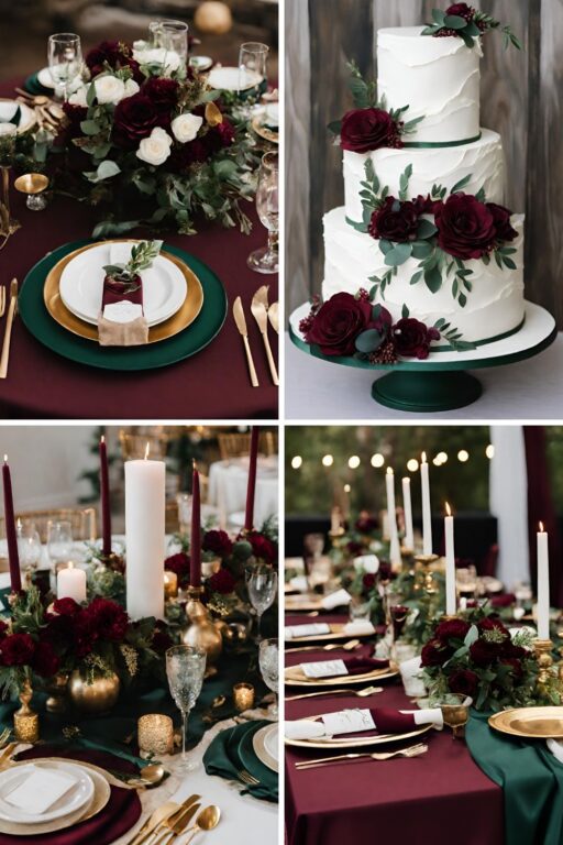 A photo collage with burgundy and hunter green wedding color ideas.