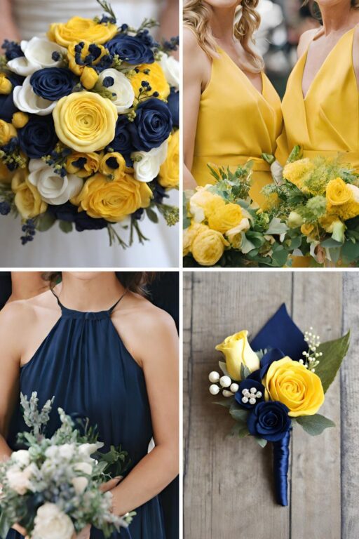 A photo collage with yellow and navy blue wedding color ideas.