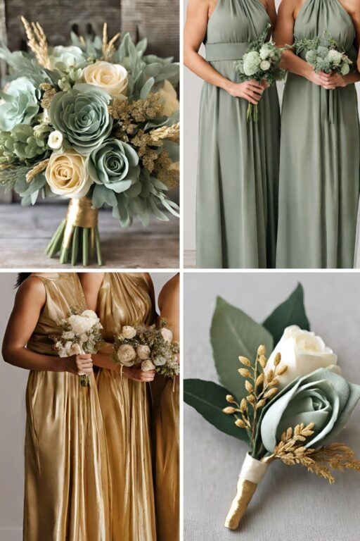 A photo collage with sage green and gold wedding color ideas.