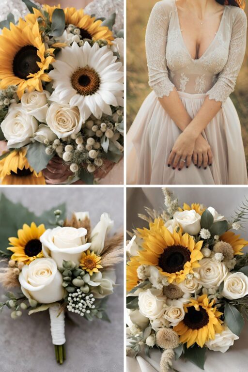 A photo collage with white and beige wedding color ideas.