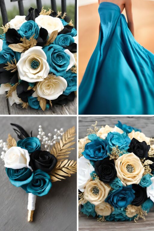 A photo collage with teal, gold, and black wedding color ideas.