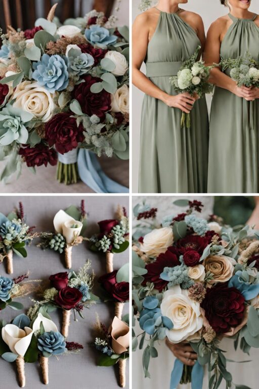 A photo collage with burgundy, sage, and dusty blue wedding color ideas.