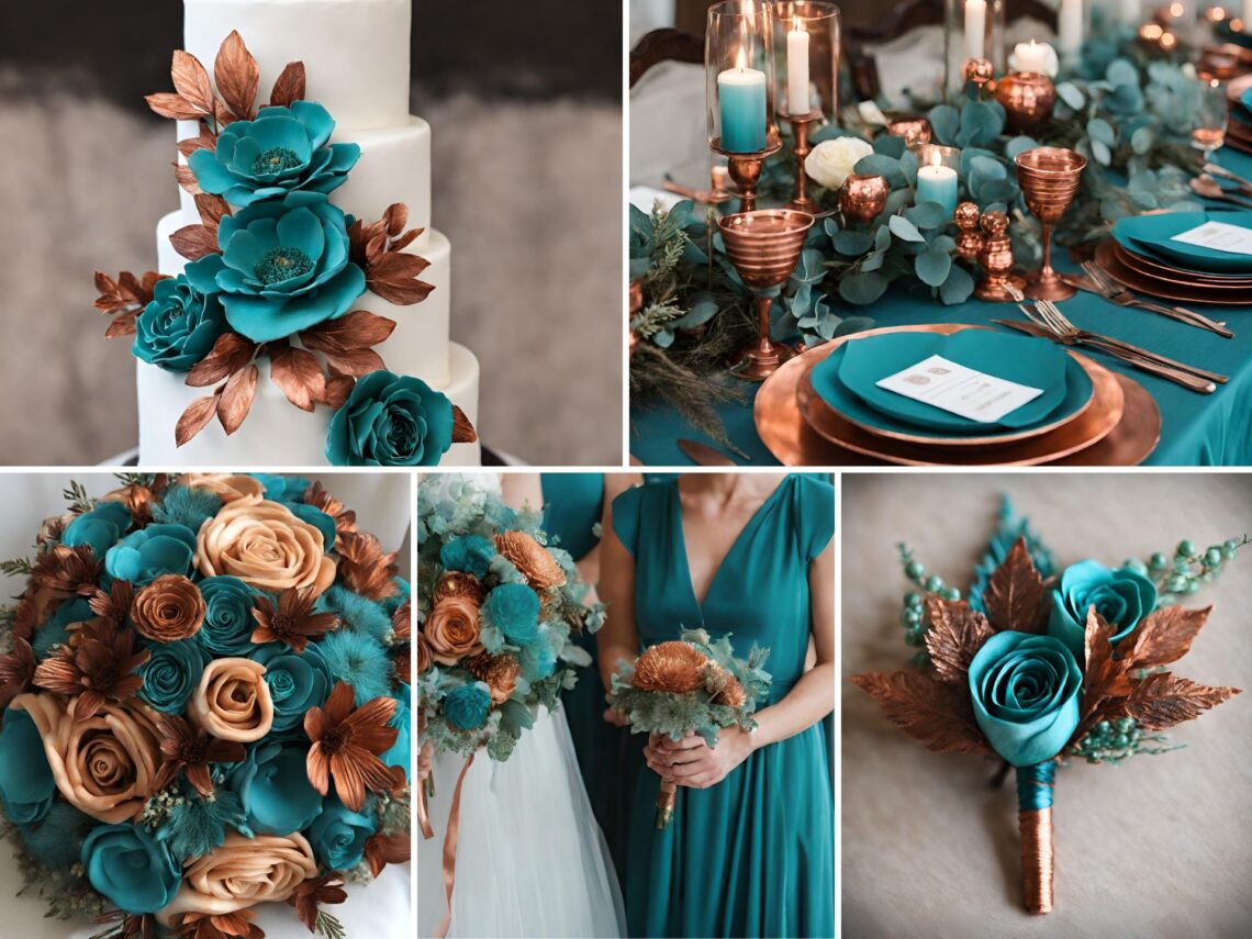 A photo collage with teal and copper wedding color ideas.