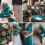 A photo collage with teal and copper wedding color ideas.