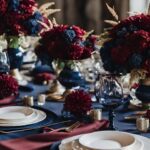 A photo collage with maroon and navy blue wedding color ideas.