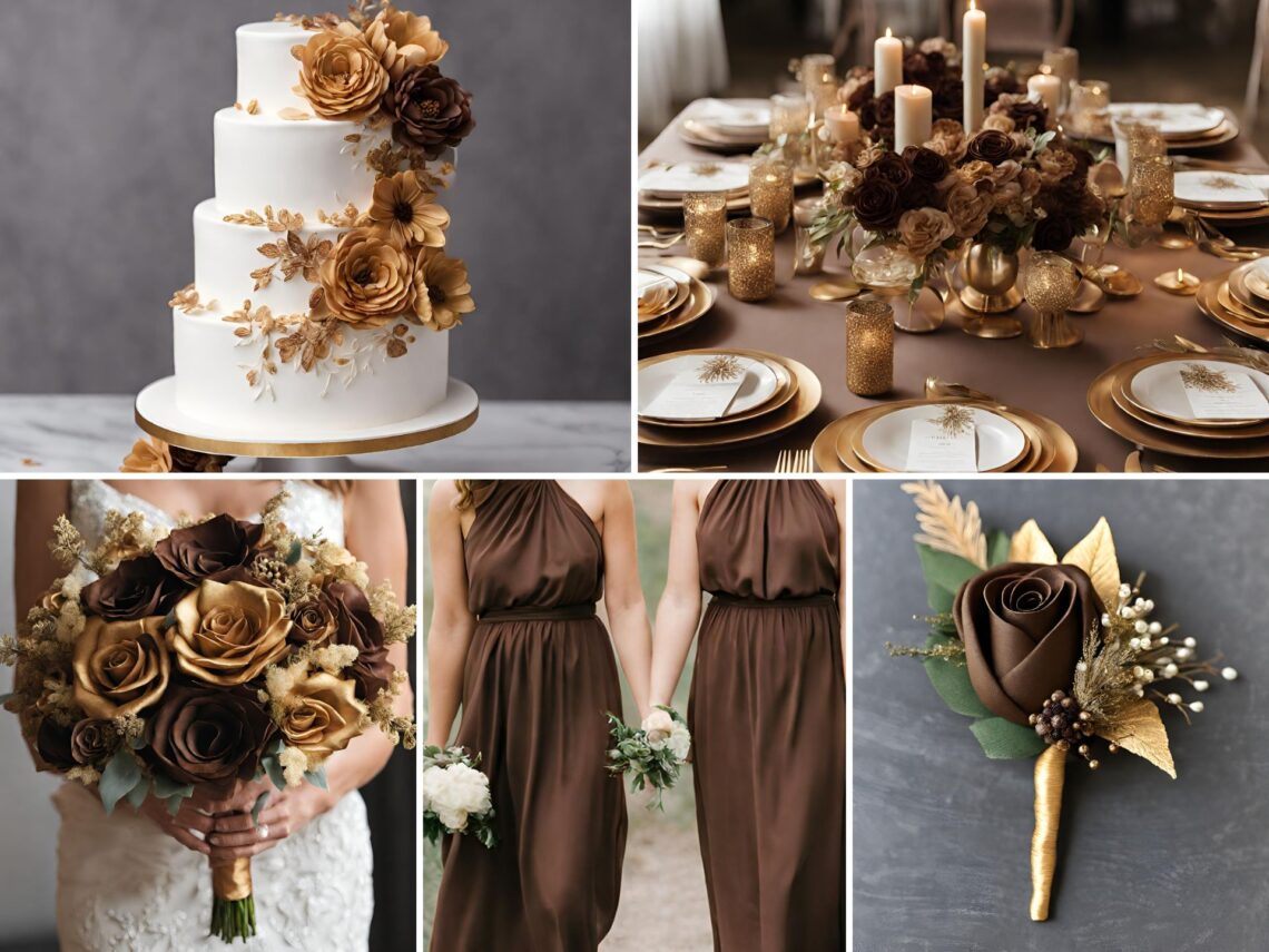 A photo collage with brown and gold wedding color ideas.