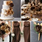 A photo collage with brown and gold wedding color ideas.