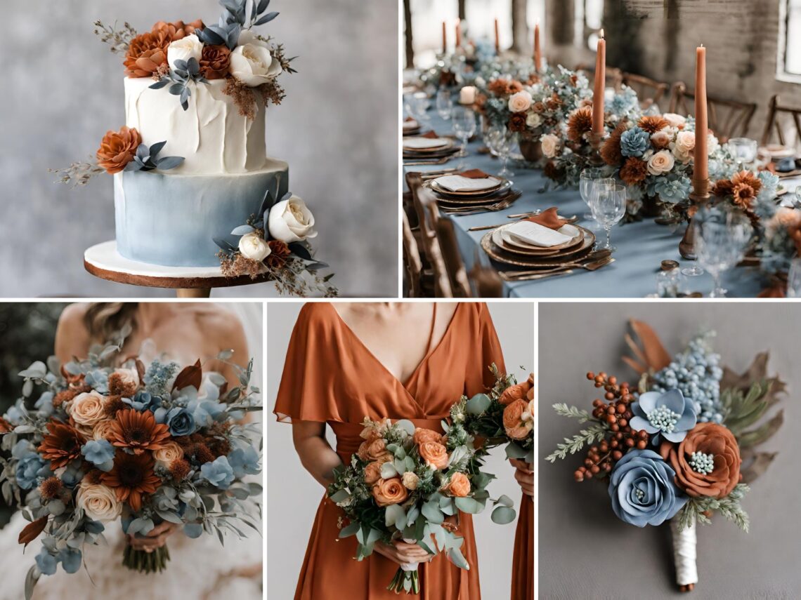 A photo collage with burnt sienna and dusty blue wedding color ideas.