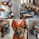 A photo collage with burnt sienna and dusty blue wedding color ideas.