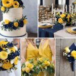 A photo collage with yellow and navy blue wedding color ideas.