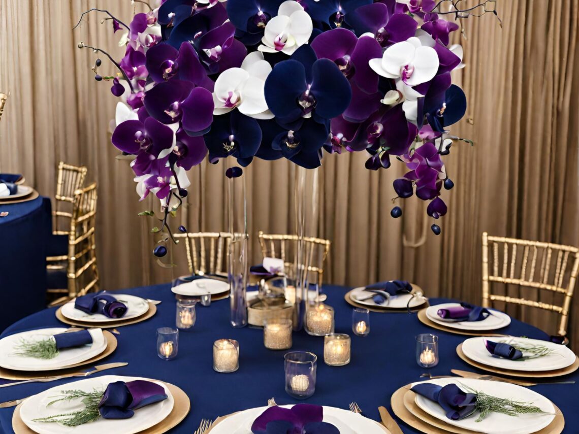 A purple orchid table centerpiece.