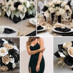 A photo collage with champagne, black, and white wedding color ideas.