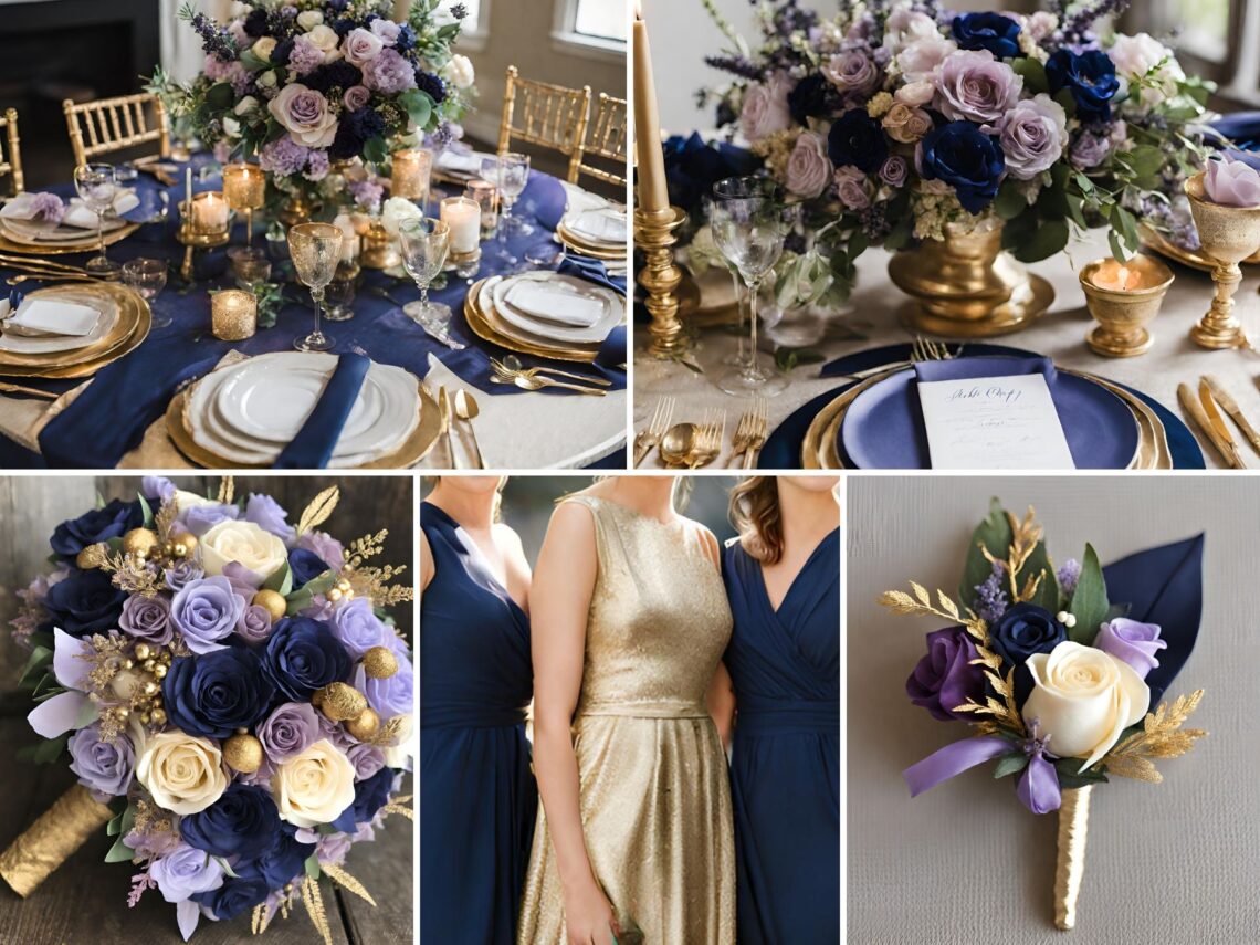 A photo collage with lavender, navy, and gold wedding color ideas.