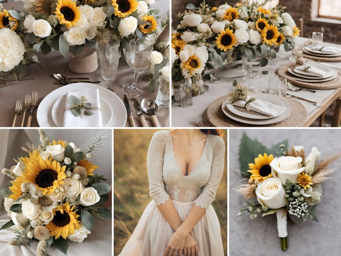 A photo collage with white and beige wedding color ideas.