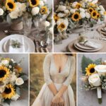 A photo collage with white and beige wedding color ideas.