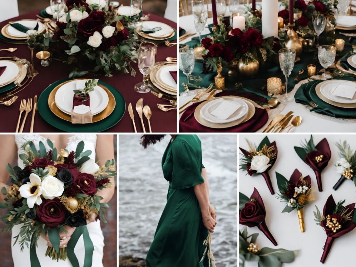 A photo collage with burgundy and hunter green wedding color ideas.