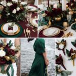 A photo collage with burgundy and hunter green wedding color ideas.
