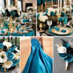 A photo collage with teal, gold, and black wedding color ideas.
