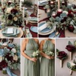 A photo collage with burgundy, sage, and dusty blue wedding color ideas.