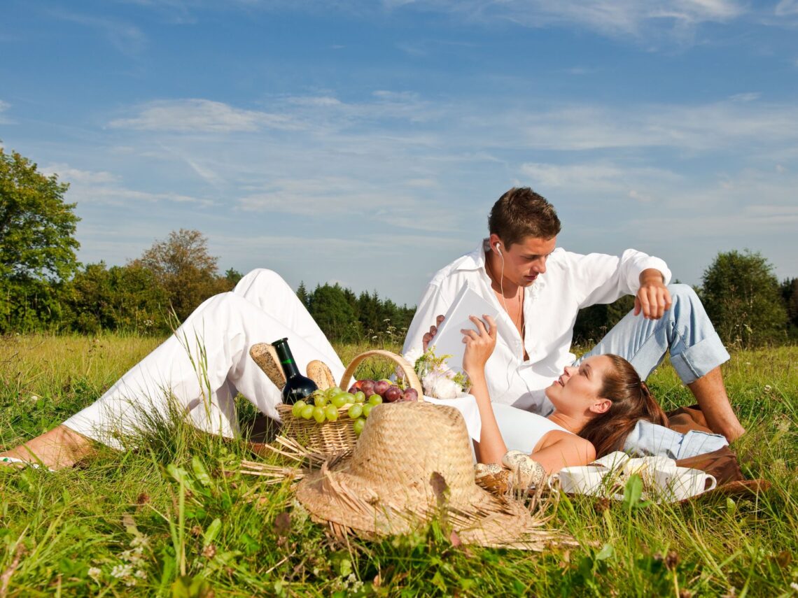 A couple laying on the grass having a picnic.