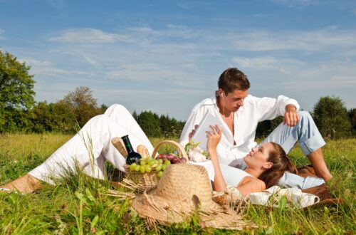 A couple laying on the grass having a picnic.