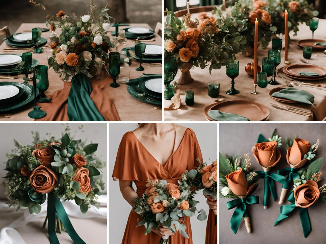 A photo collage with emerald green and terracotta wedding colors.