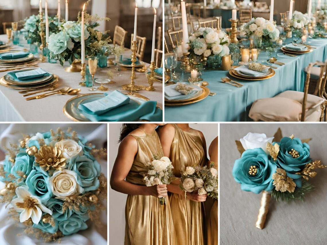 A photo collage with light teal and gold wedding color ideas.