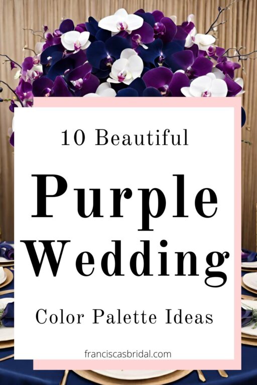 A purple orchid table centerpiece with text 10 purple wedding color palette ideas.