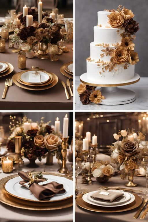 A photo collage with brown and gold wedding color ideas.