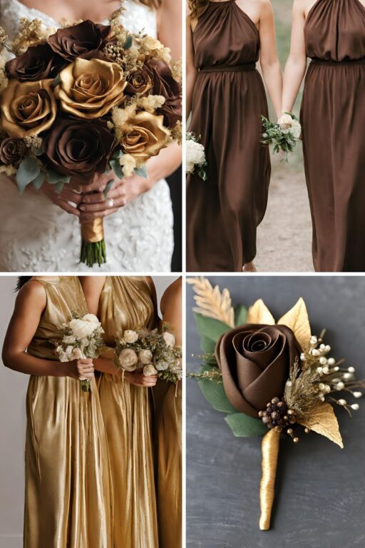 A photo collage with brown and gold wedding color ideas.