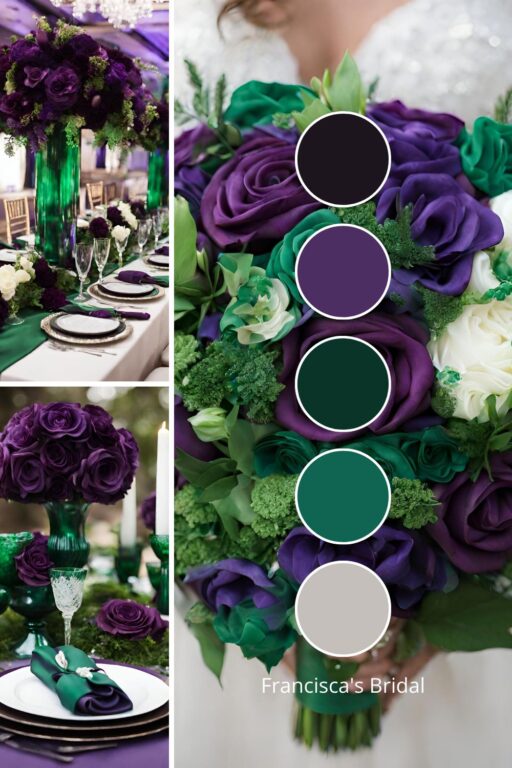 A photo collage with deep purple and emerald green wedding color ideas.