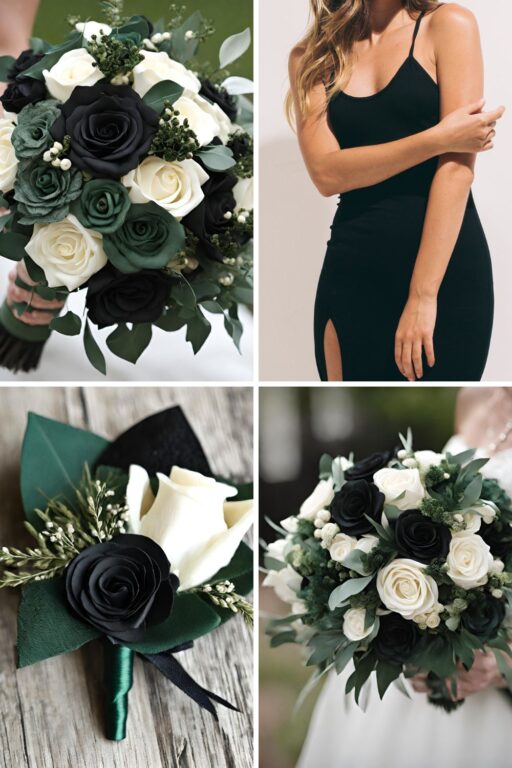 A photo collage with hunter green and black wedding color ideas.