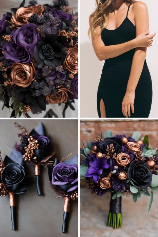 A photo collage with black and purple wedding color ideas.