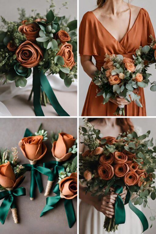 A photo collage with emerald green and terracotta wedding colors.