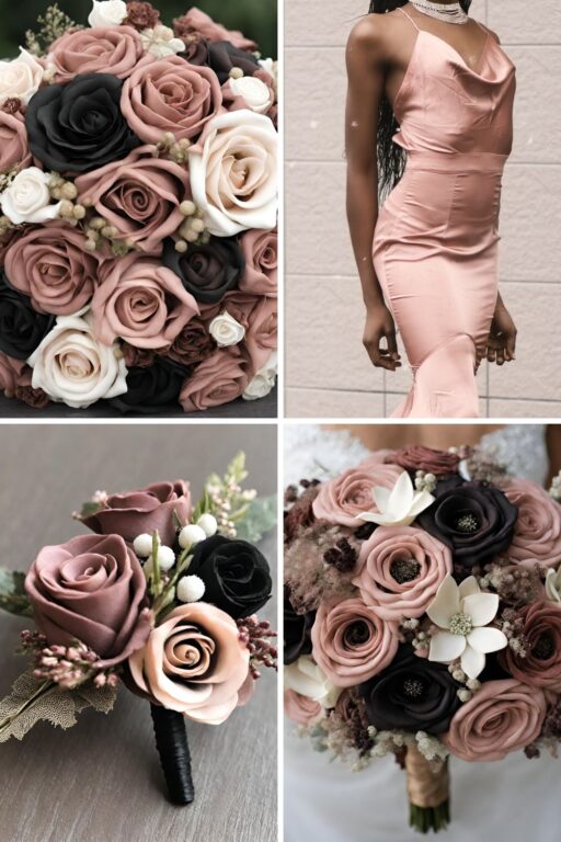 A photo collage of dusty rose wedding color ideas.