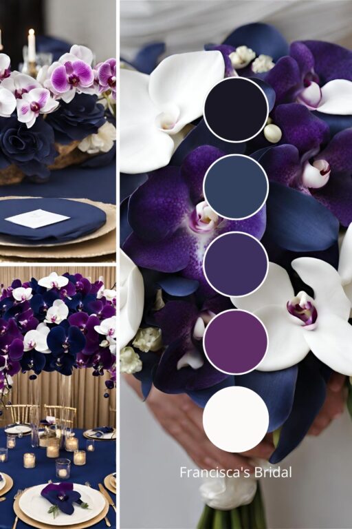 A photo collage with orchid and navy blue wedding color ideas.