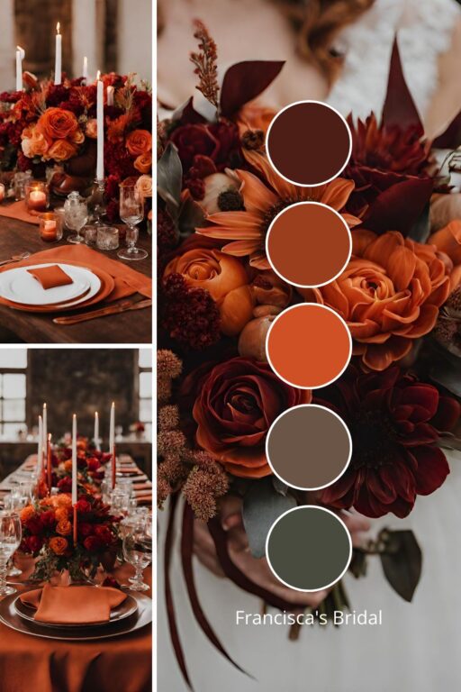 A photo collage with red, orange, and brown wedding color ideas.