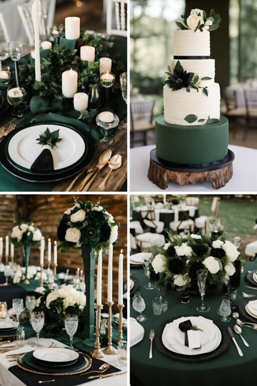 A photo collage with hunter green and black wedding color ideas.