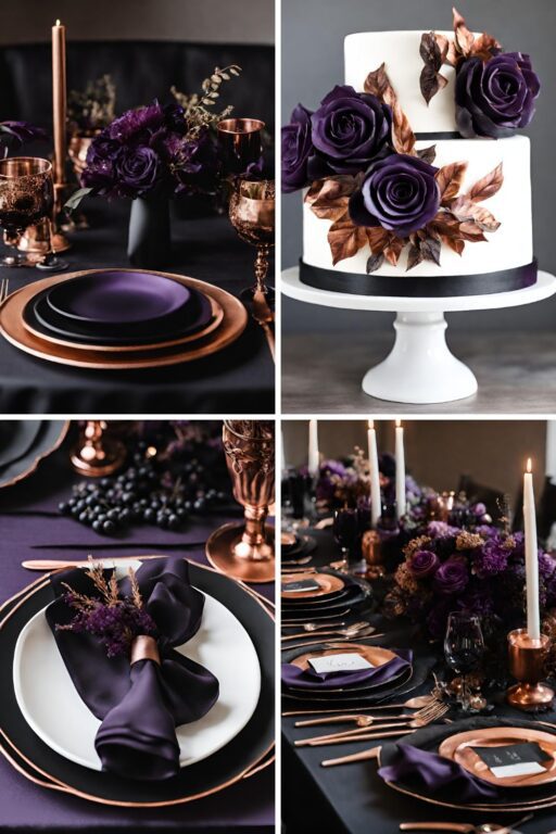 A photo collage with black and purple wedding color ideas.