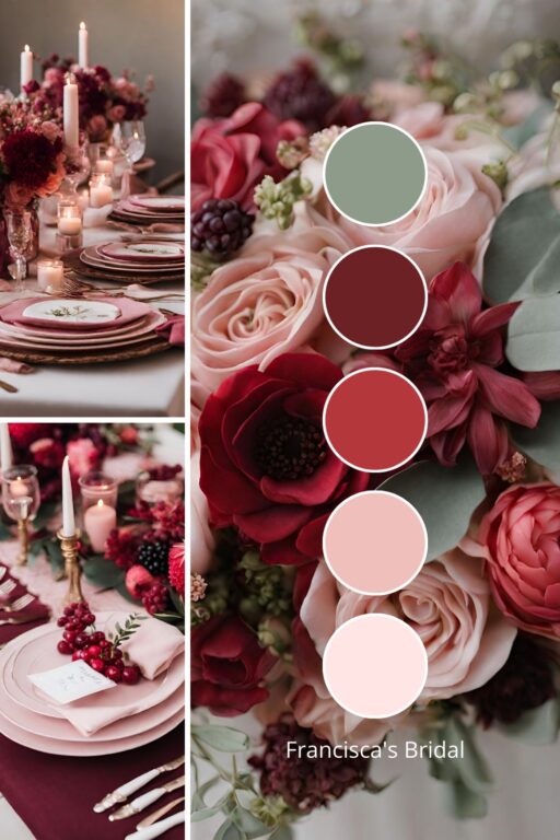 A photo collage with berry red and blush pink wedding color ideas.
