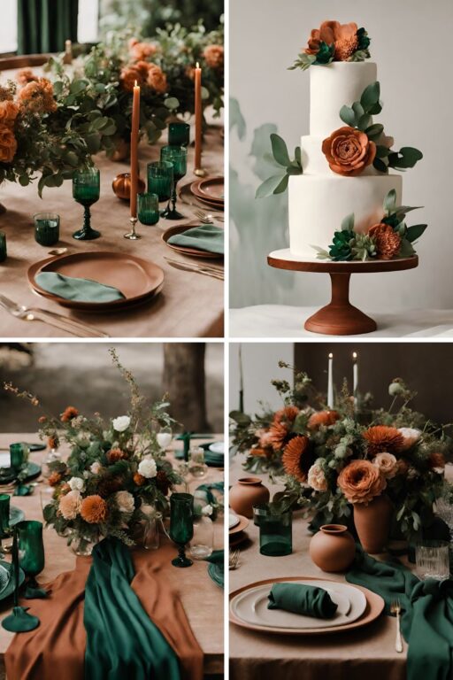 A photo collage with emerald green and terracotta wedding colors.