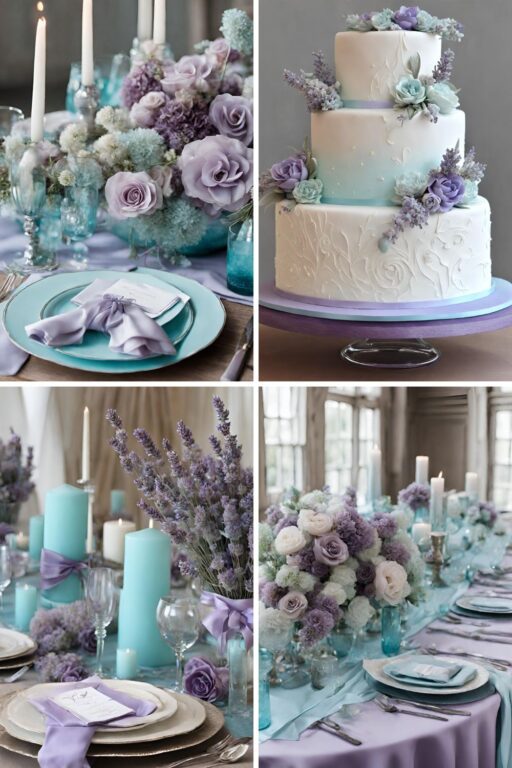 A photo collage of lavender and pale turquoise blue wedding color ideas.