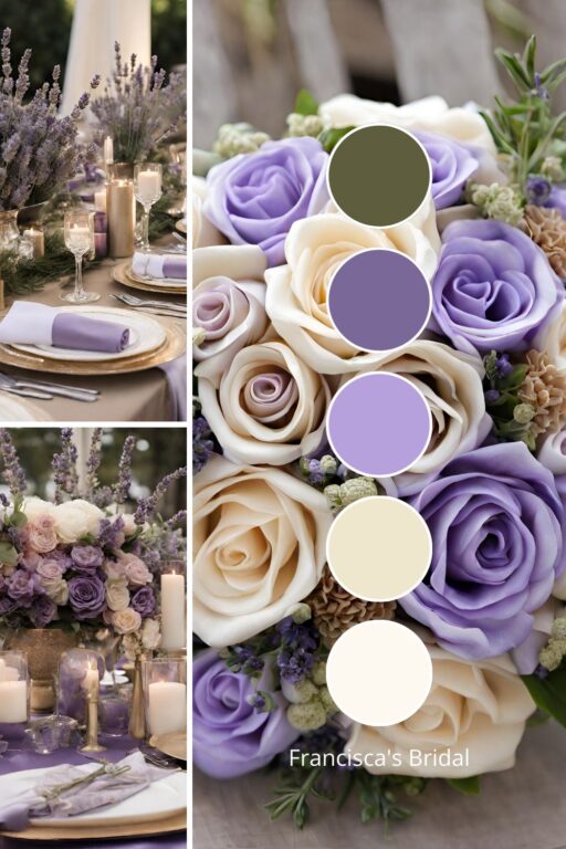 A photo collage with lavender and champagne wedding color ideas.