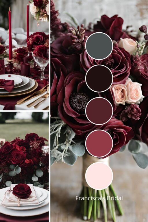 A photo collage with wine red and green wedding color ideas.