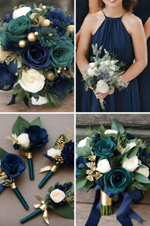 A photo collage of hunter green and navy wedding color ideas.