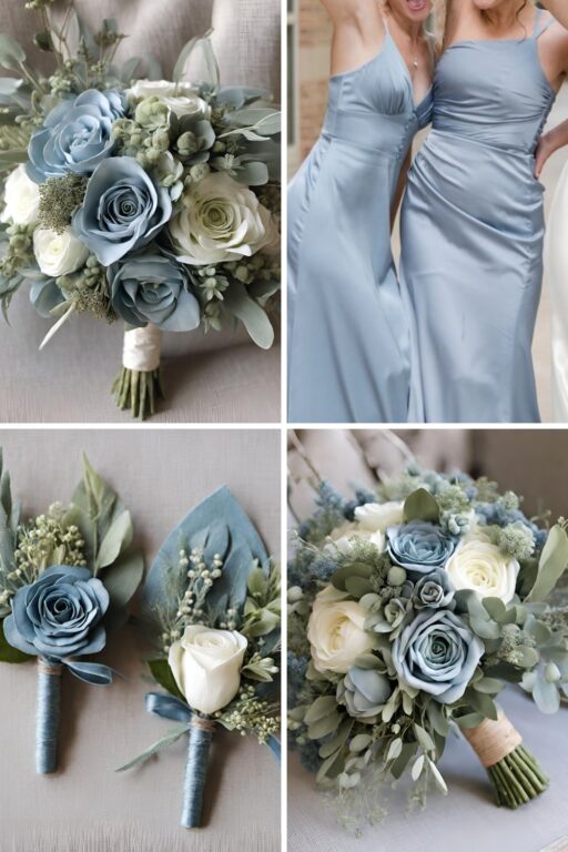 A photo collage of dusty blue and sage green wedding color ideas.